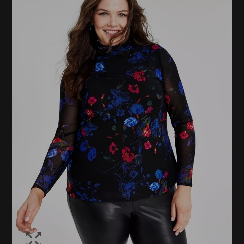 INC Plus Size Floral Print Turtleneck Mesh Top